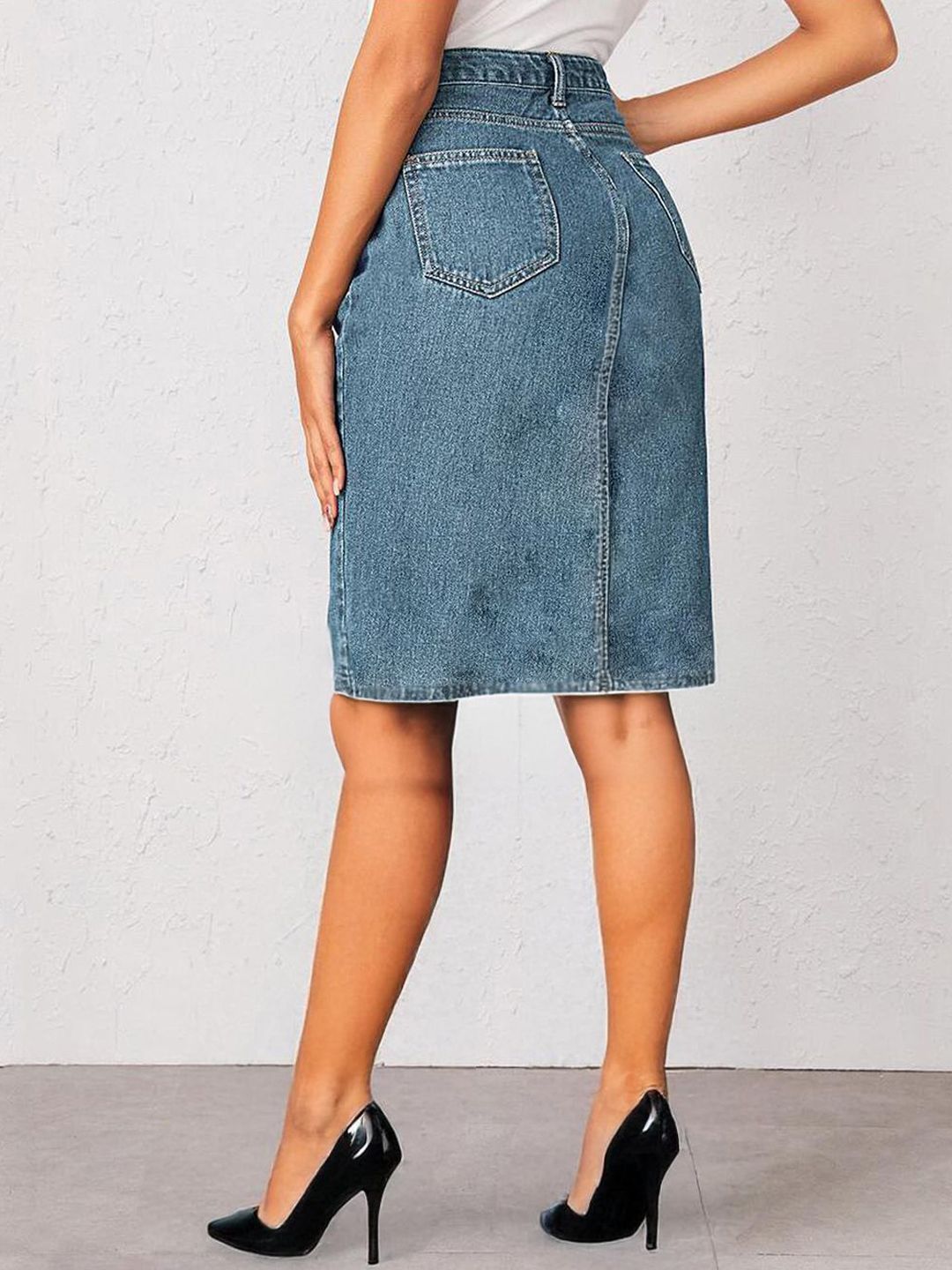 Kotty  Women Solid Denim Pencil Knee-Length Skirt