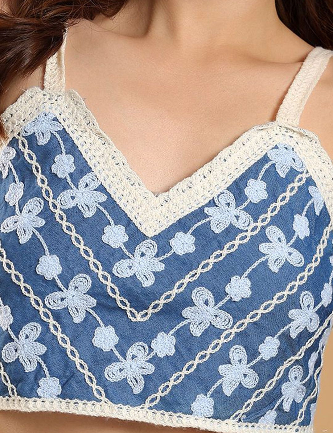 Kotty Women Floral Embroidered V-Neck Smocking Detail Cotton Crop Top