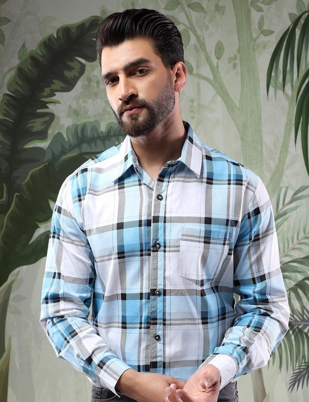 Kotty Men Spread Collar Tartan Checked Casual Shirt