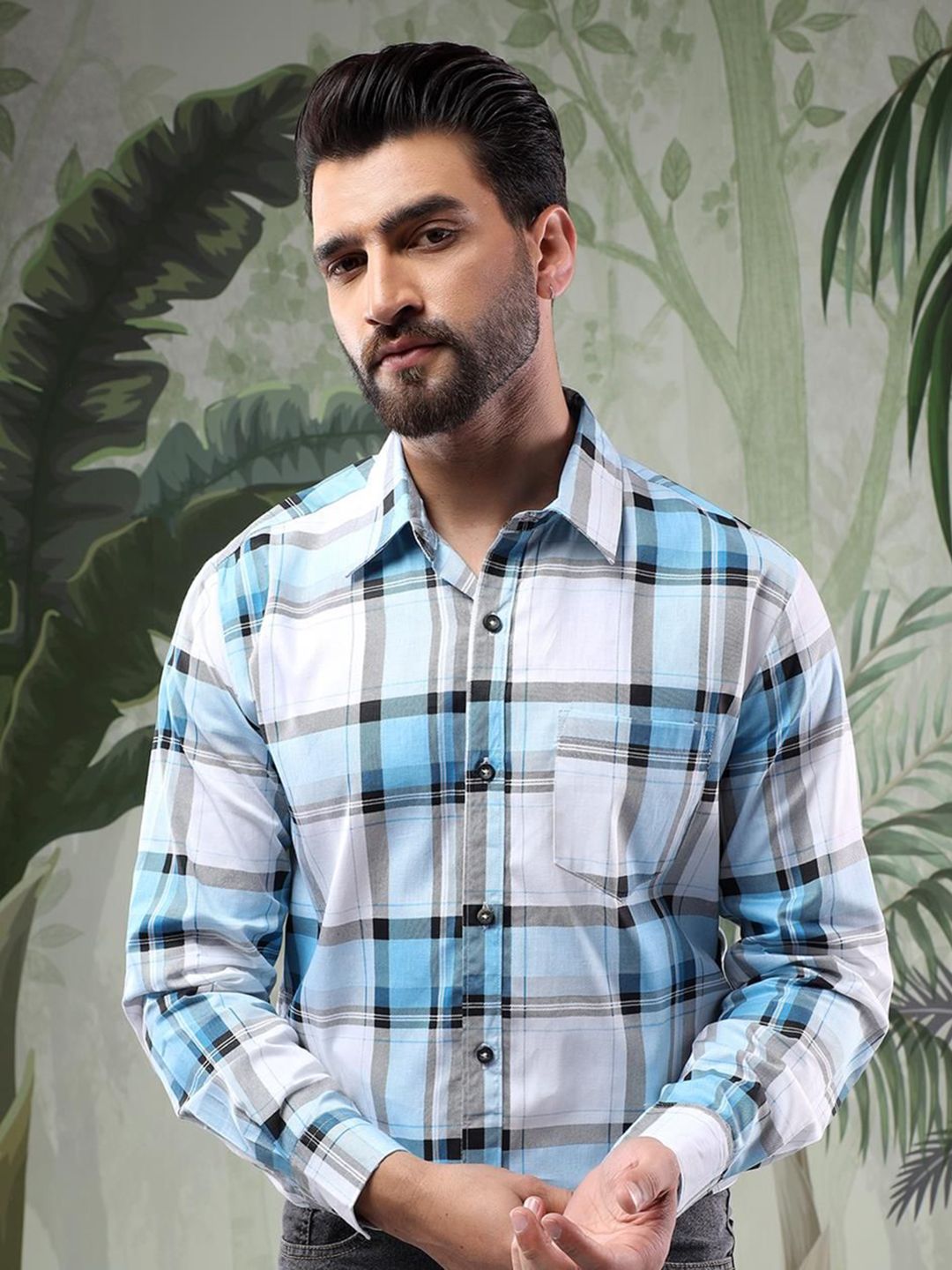 Kotty Men Spread Collar Tartan Checked Casual Shirt