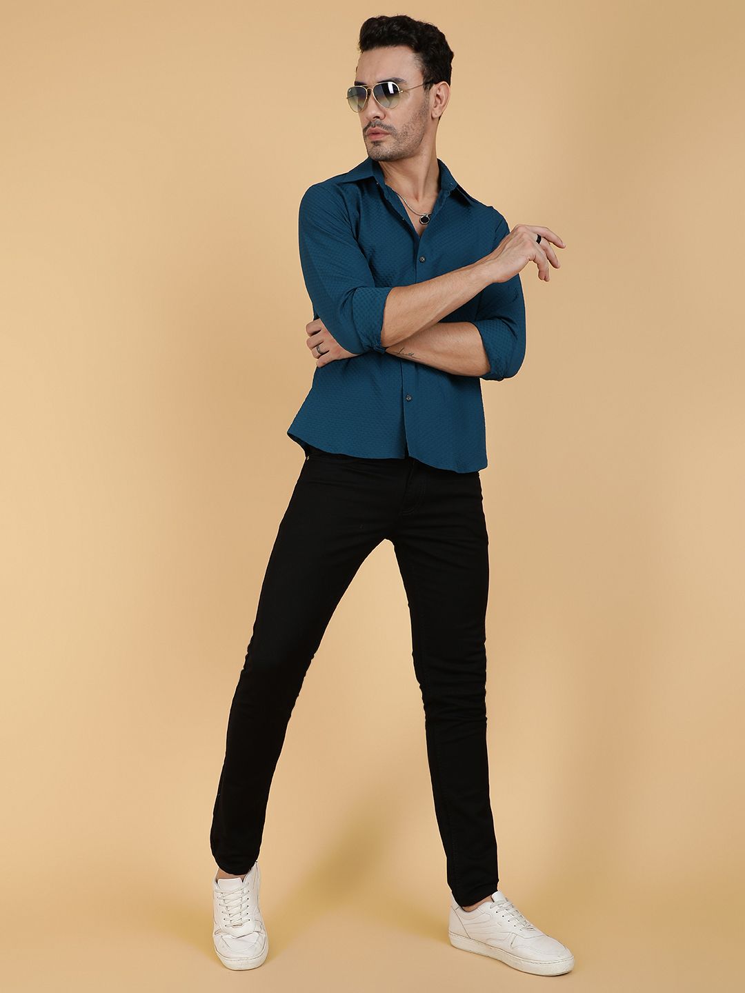 Kotty Men Relaxed Spread Collar Textured Casual Shirt