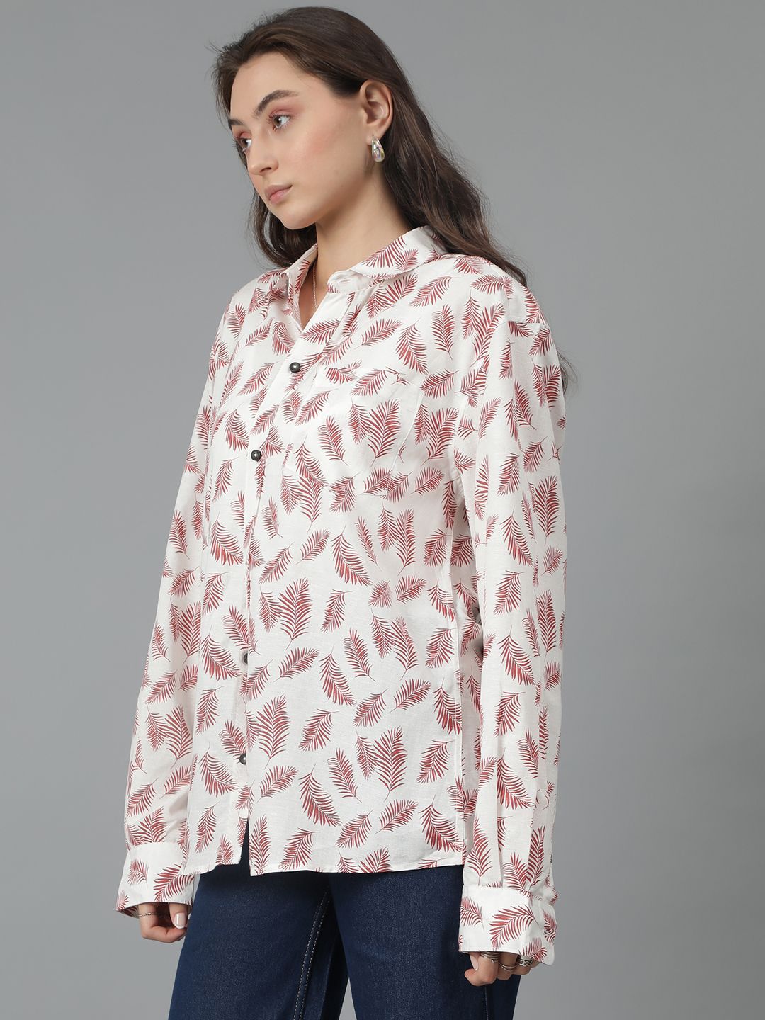 Kotty Women Spread Collar Floral Printed Cotton Oversized Casual Shirt
