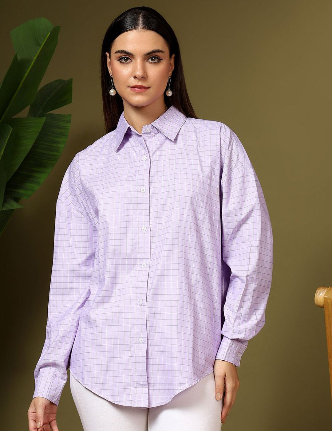 Kotty Women Relaxed Fit Spread Collar Grid Tattersall Checked Cotton Casual Shirt