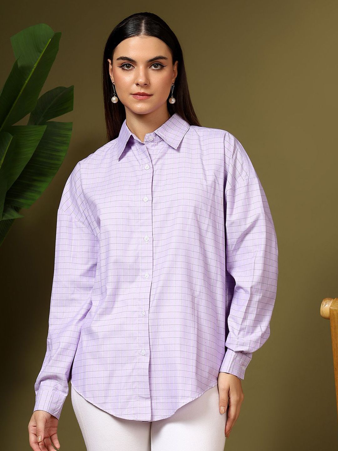 Kotty Women Relaxed Fit Spread Collar Grid Tattersall Checked Cotton Casual Shirt