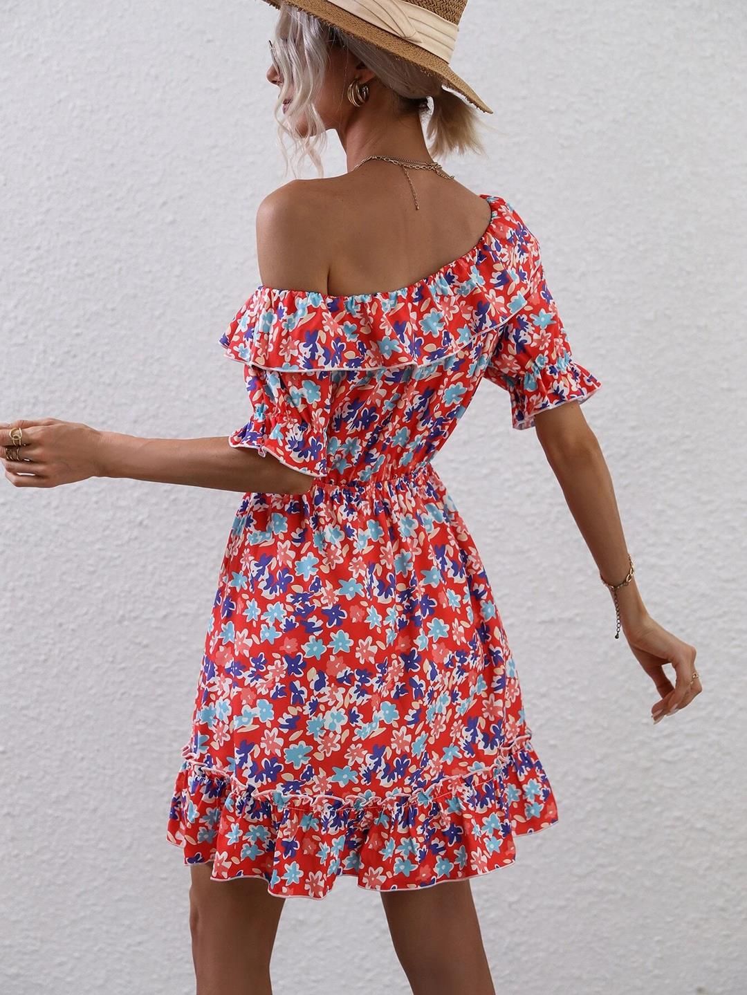Kotty Floral Printed Flared One Shoulder Fit & Flare Dress