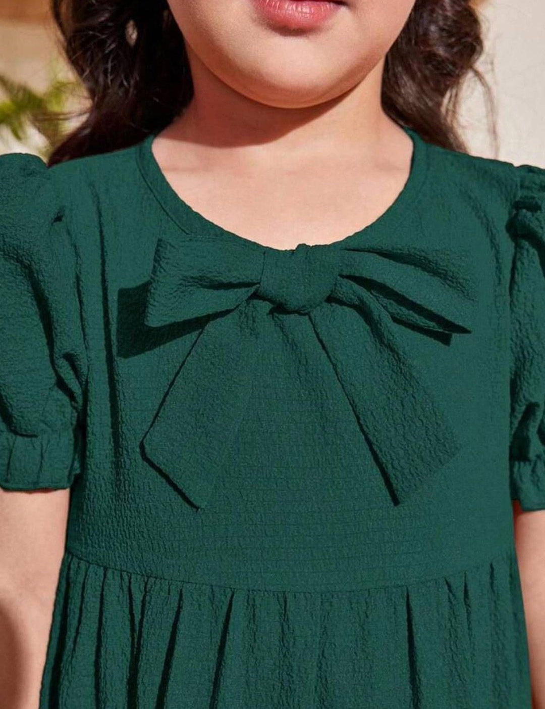 Kotty Girl's Self Design Puff Sleeves Bow Details Tiered Gown Dress