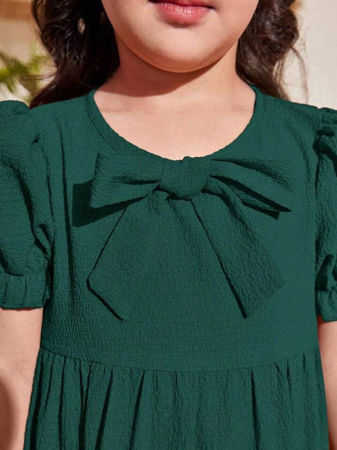 Kotty Girl's Self Design Puff Sleeves Bow Details Tiered Gown Dress