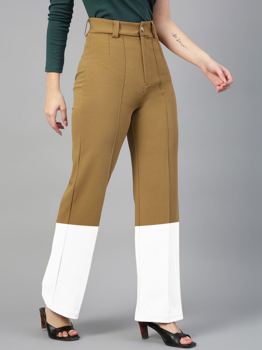 Kotty Women Colourblocked High-Rise Straight Fit Easy Wash Regular Trousers
