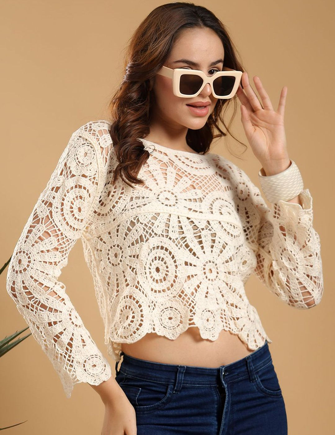 Kotty Self Design Boat Neck Embroidered Sheer Crop Top