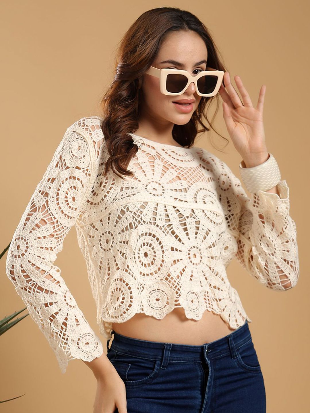 Kotty Self Design Boat Neck Embroidered Sheer Crop Top