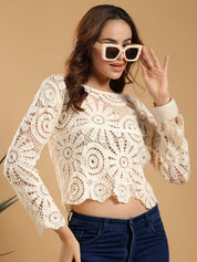 Kotty Self Design Boat Neck Embroidered Sheer Crop Top