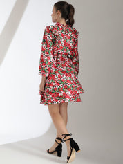 Kotty Women Floral Printed Bishop Sleeve Crepe Fit & Flare Dress