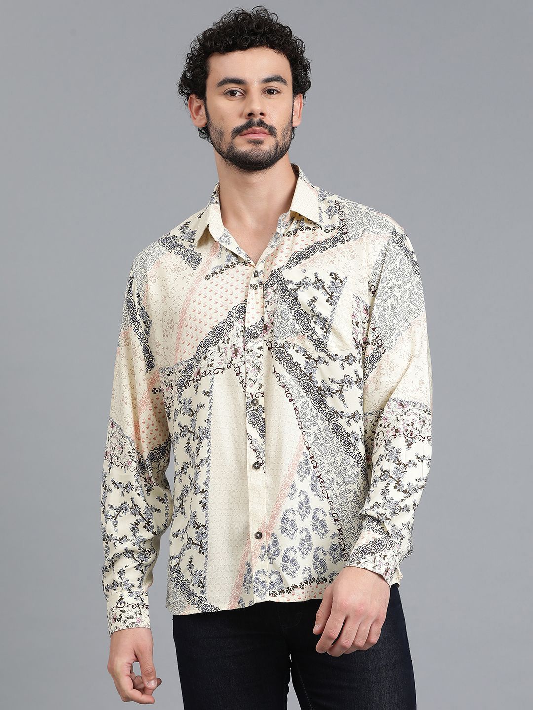 Kotty Men Spread Collar Floral Printed Cotton Casual Shirt