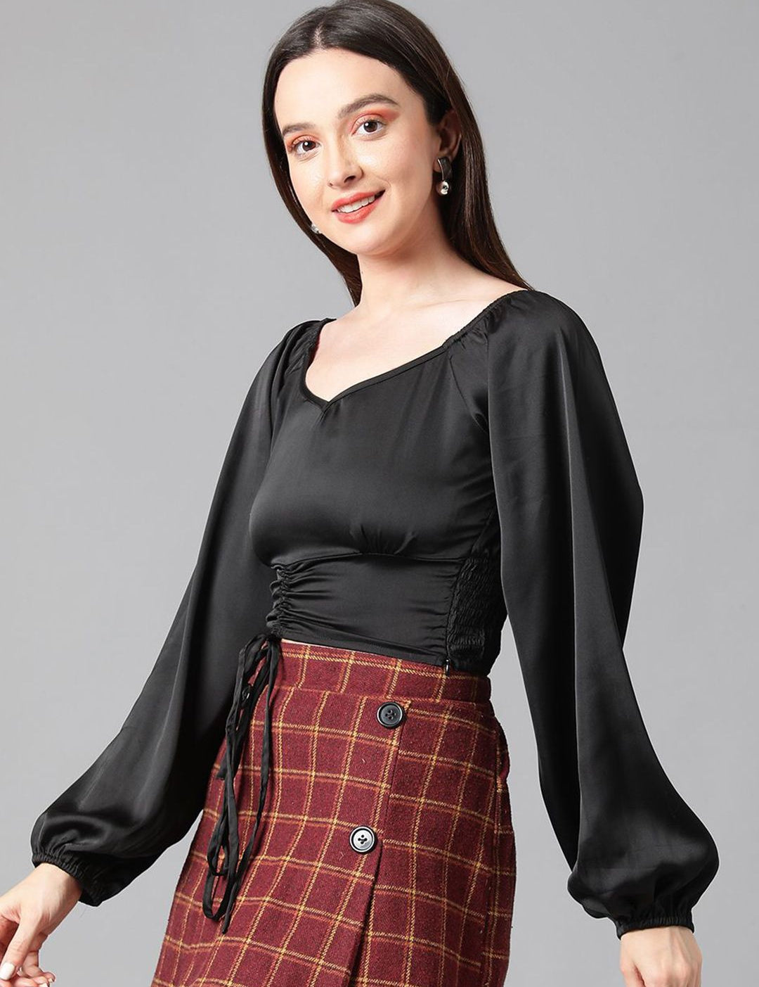 Kotty Women Solid V-Neck  Bishop Sleeves Satin Crop Top