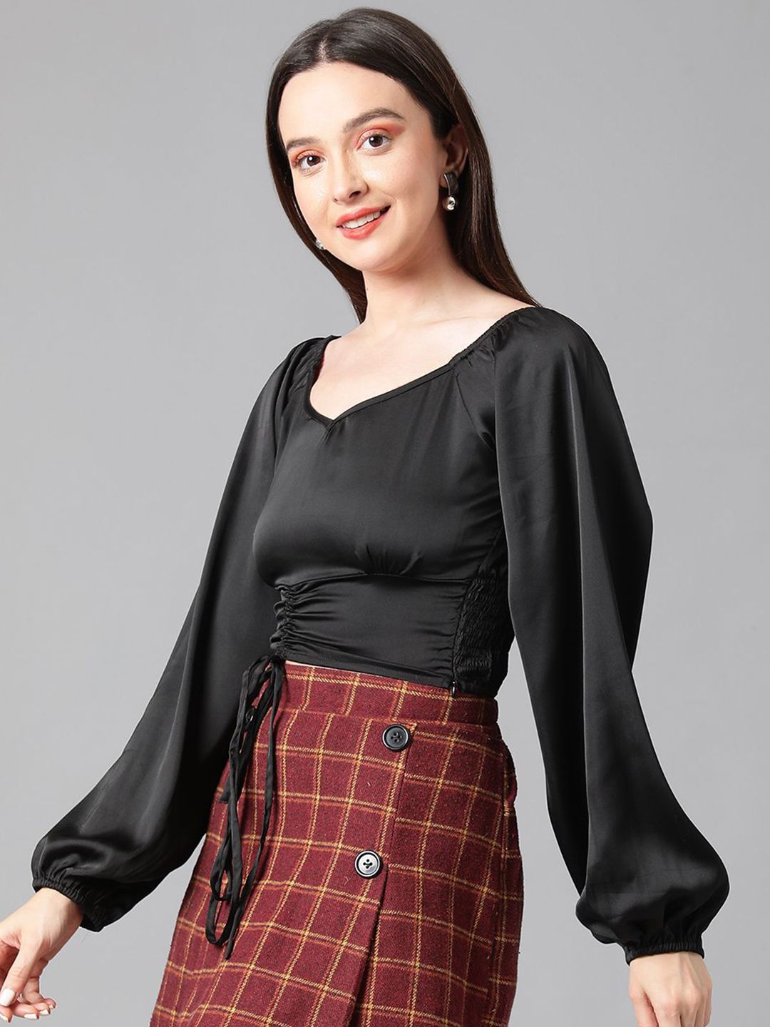 Kotty Women Solid V-Neck  Bishop Sleeves Satin Crop Top