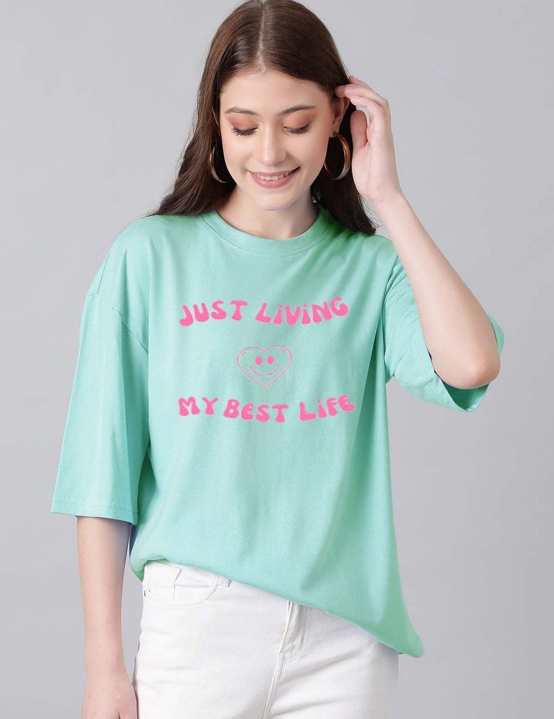 Kotty Cotton Typography Printed Drop-Shoulder Sleeves Oversized T-shirt