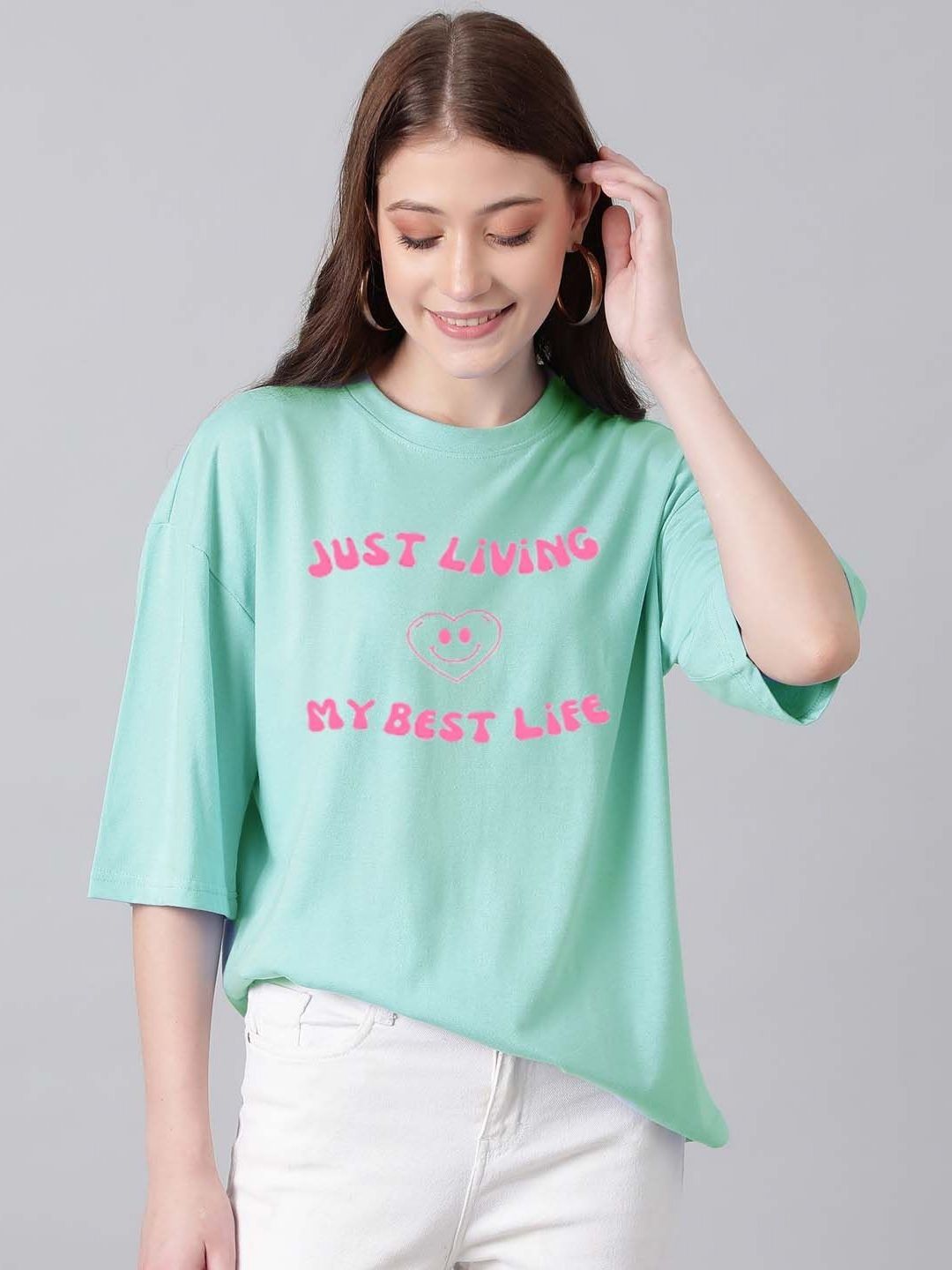 Kotty Cotton Typography Printed Drop-Shoulder Sleeves Oversized T-shirt