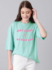 Kotty Cotton Typography Printed Drop-Shoulder Sleeves Oversized T-shirt