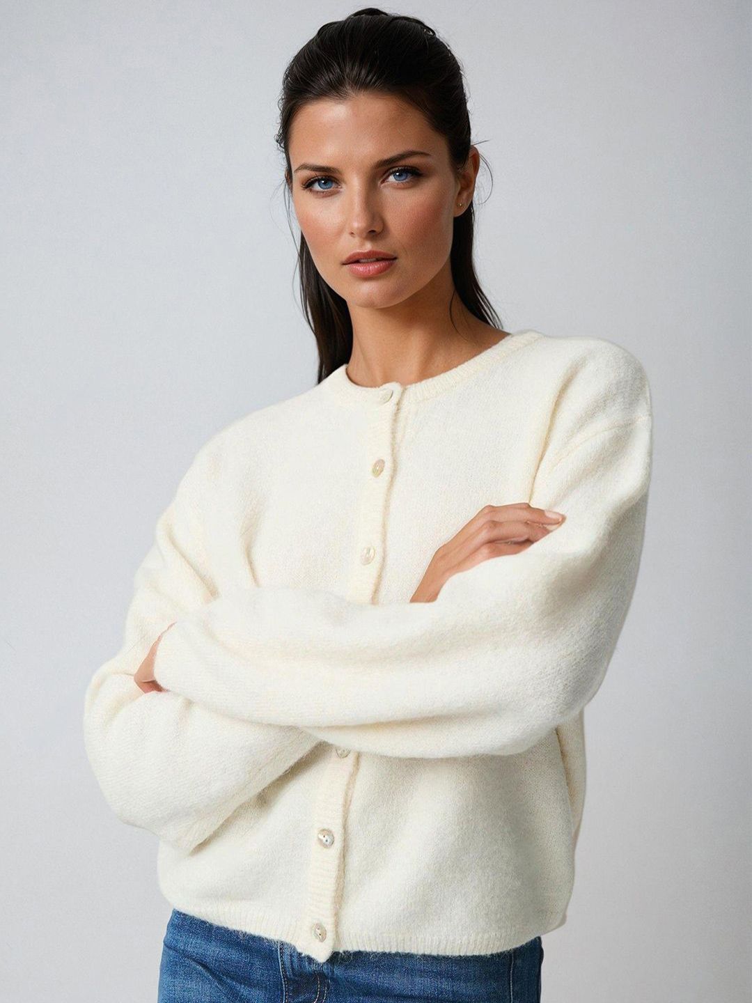 Kotty Women Self Design Round Neck Long Sleeves Front-Open Sweaters