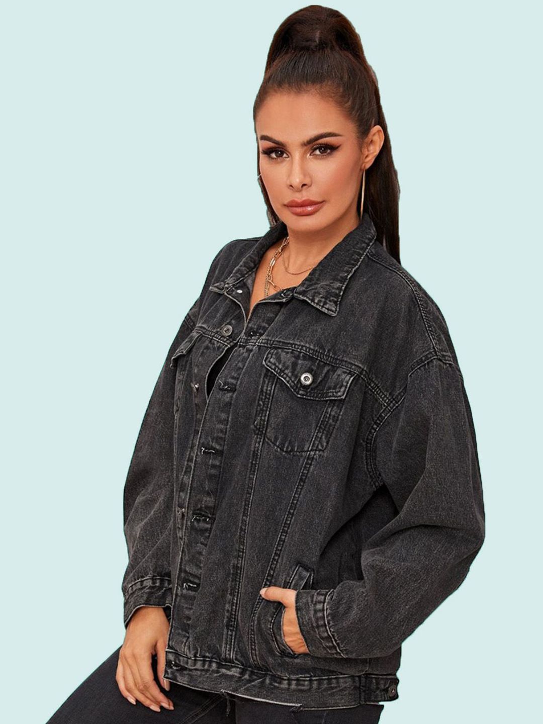 Kotty Women Spread Collar Washed Self Design Cotton Casual Denim Jacket