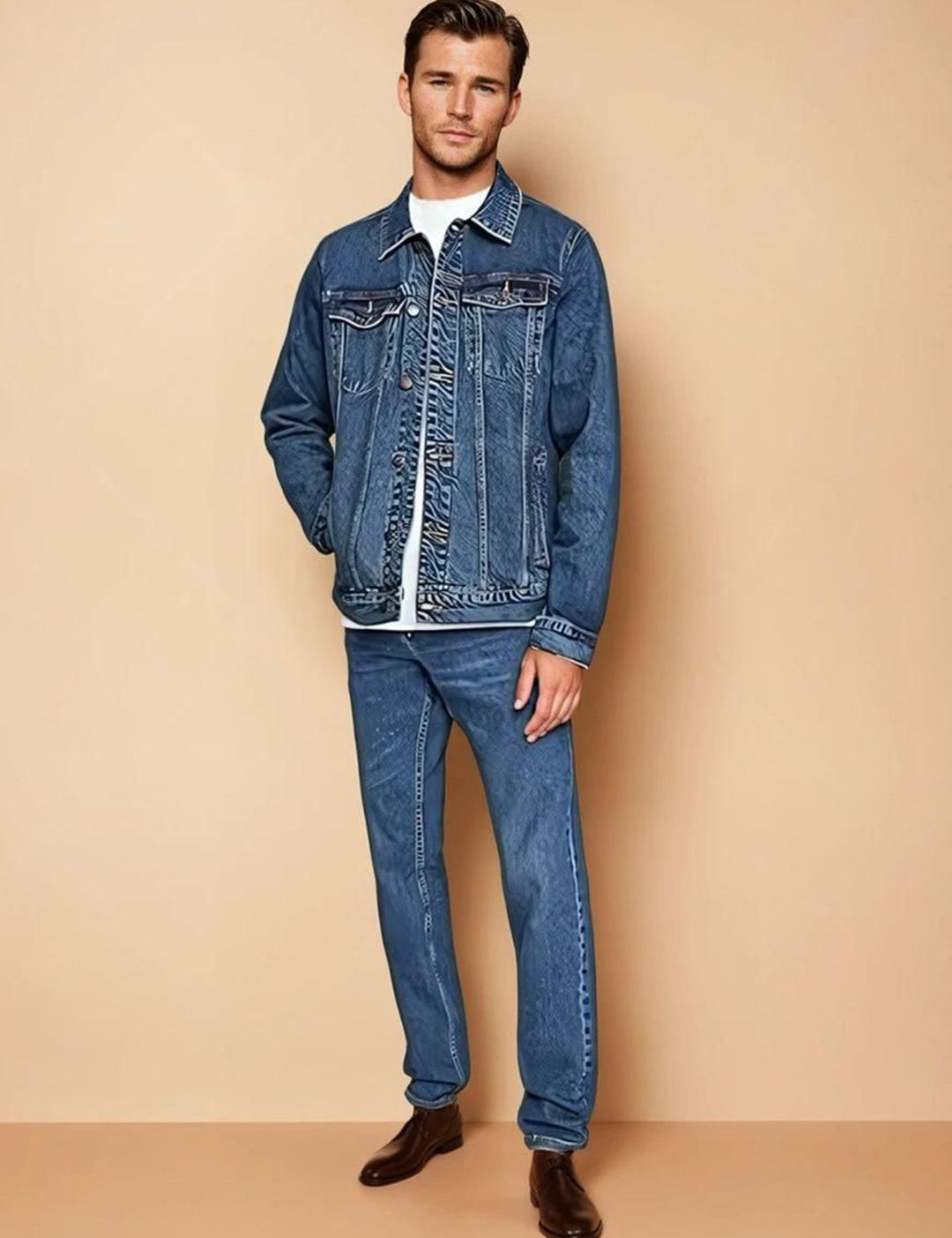 Kotty Men Spread Collar Solid Denim Jacket
