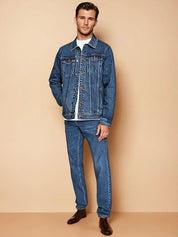 Kotty Men Spread Collar Solid Denim Jacket