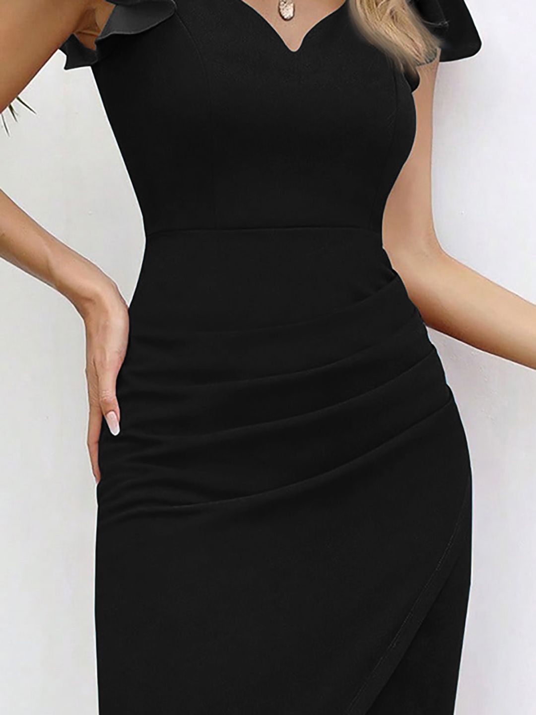 Kotty Women Solid Black Flutter Sleeve Tulip Hem Bodycon Dress