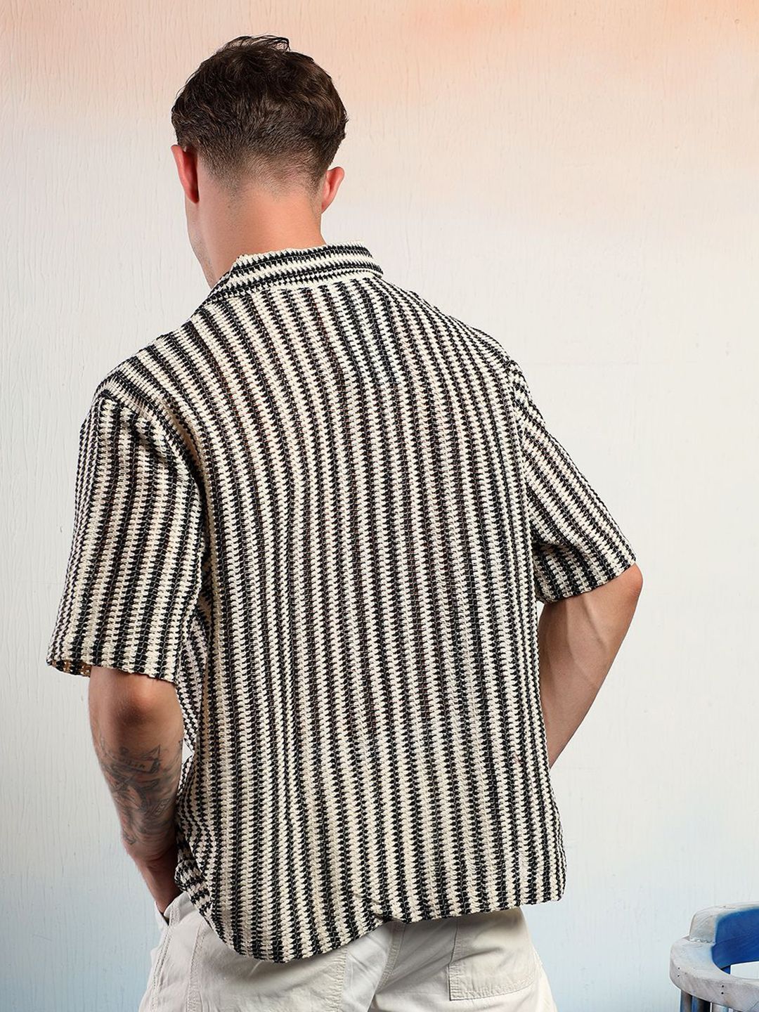 Kotty Men Sheer Striped Casual Shirt