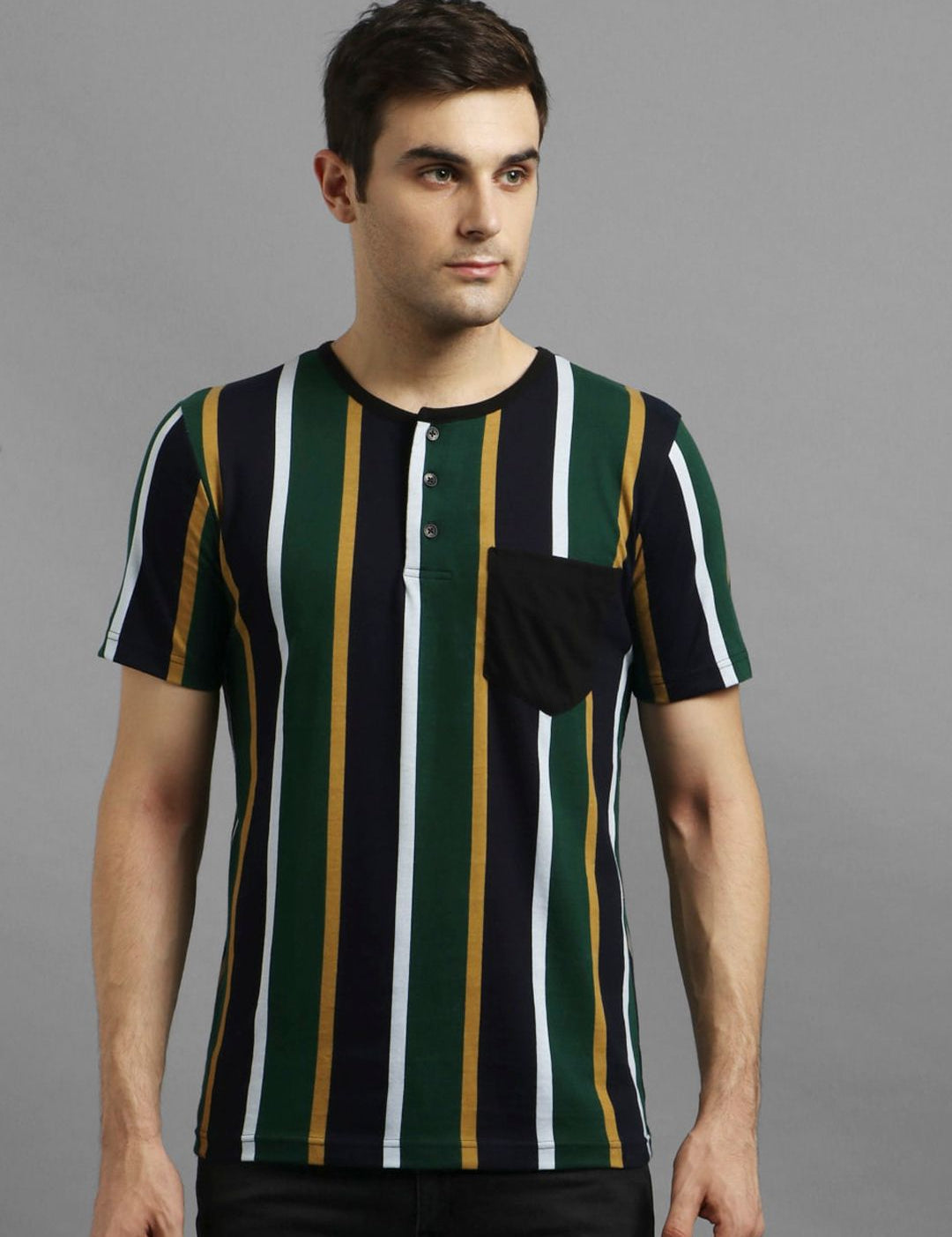Kotty Men Green Striped Henley Neck T-shirt