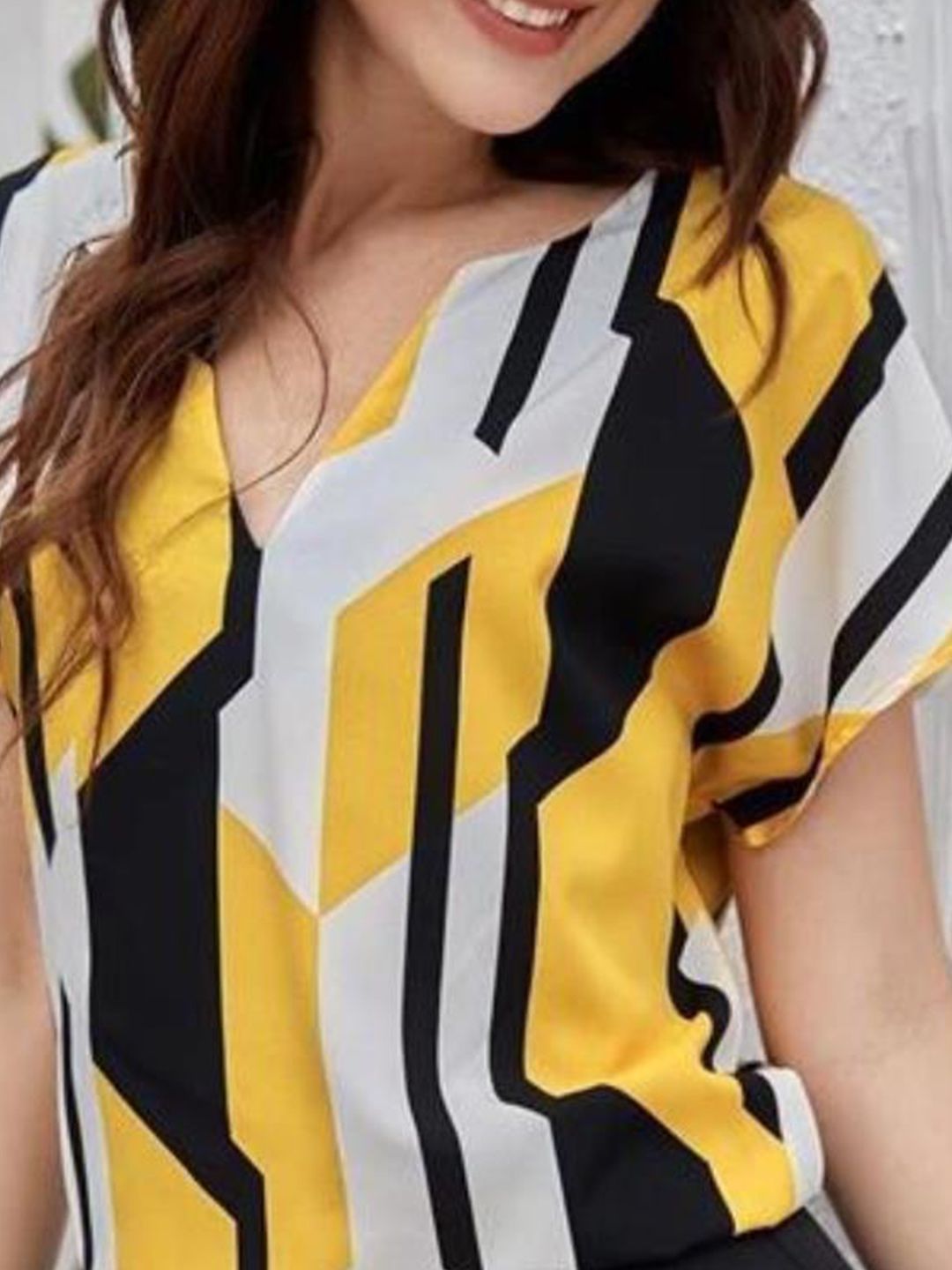 Kotty Yellow Abstract Printed Extended Sleeves Top