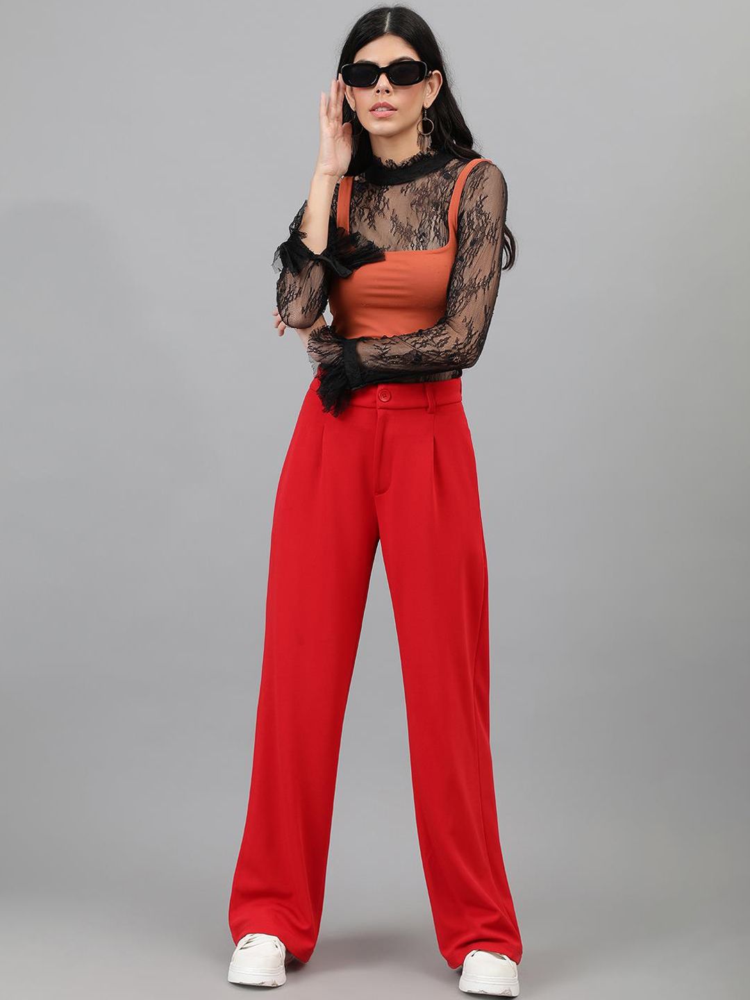 Kotty Women Red Relaxed Straight Leg Straight Fit High-Rise Easy Wash Trousers