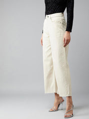 Kotty Women Cream-Coloured Jean Flared High-Rise Stretchable Jeans