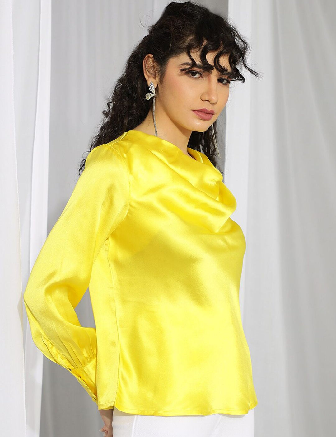 Kotty Yellow Cowl Neck Cuffed Sleeves Satin Top