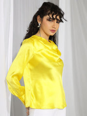 Kotty Yellow Cowl Neck Cuffed Sleeves Satin Top