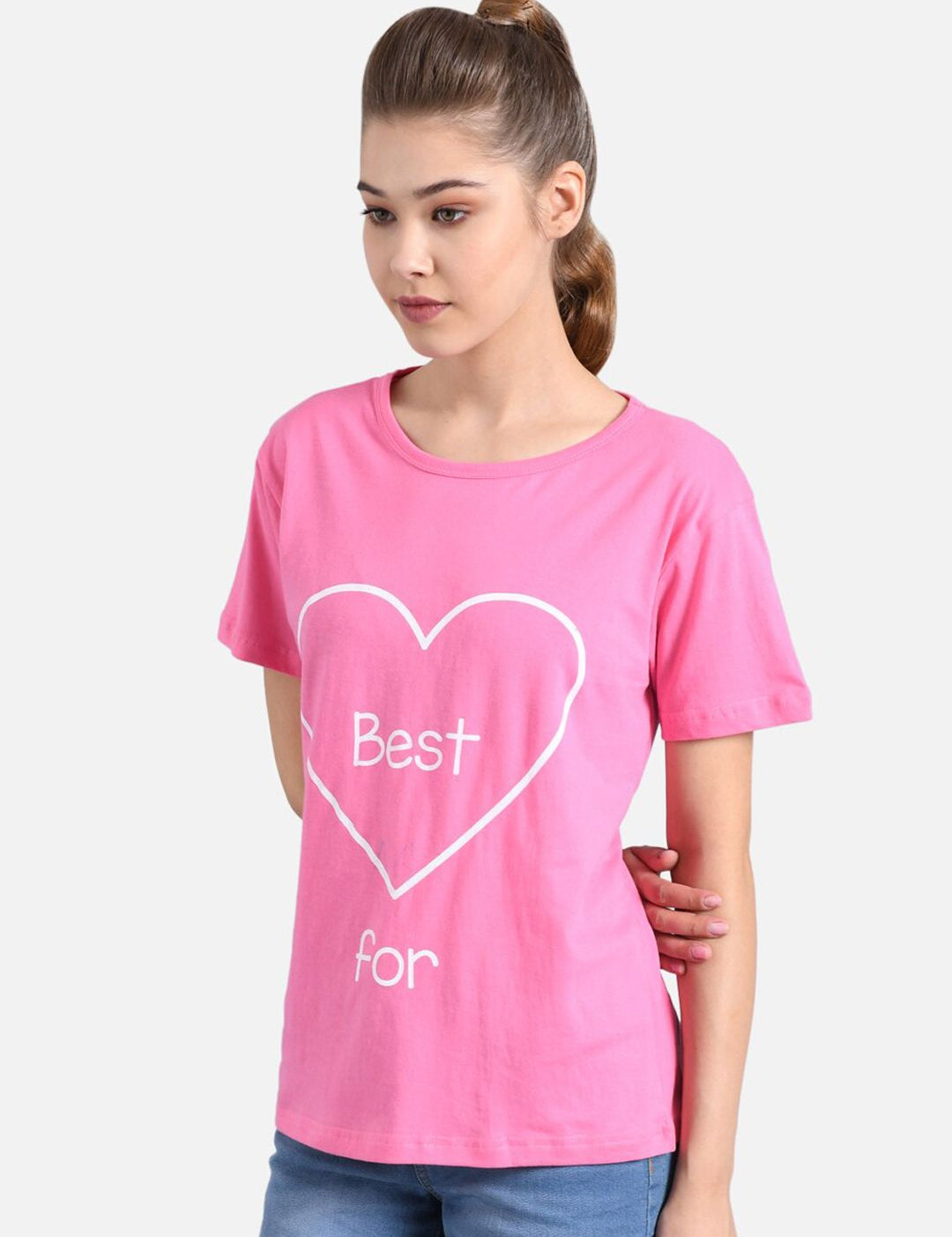 Kotty Women Pink & White Printed Round Neck T-shirt