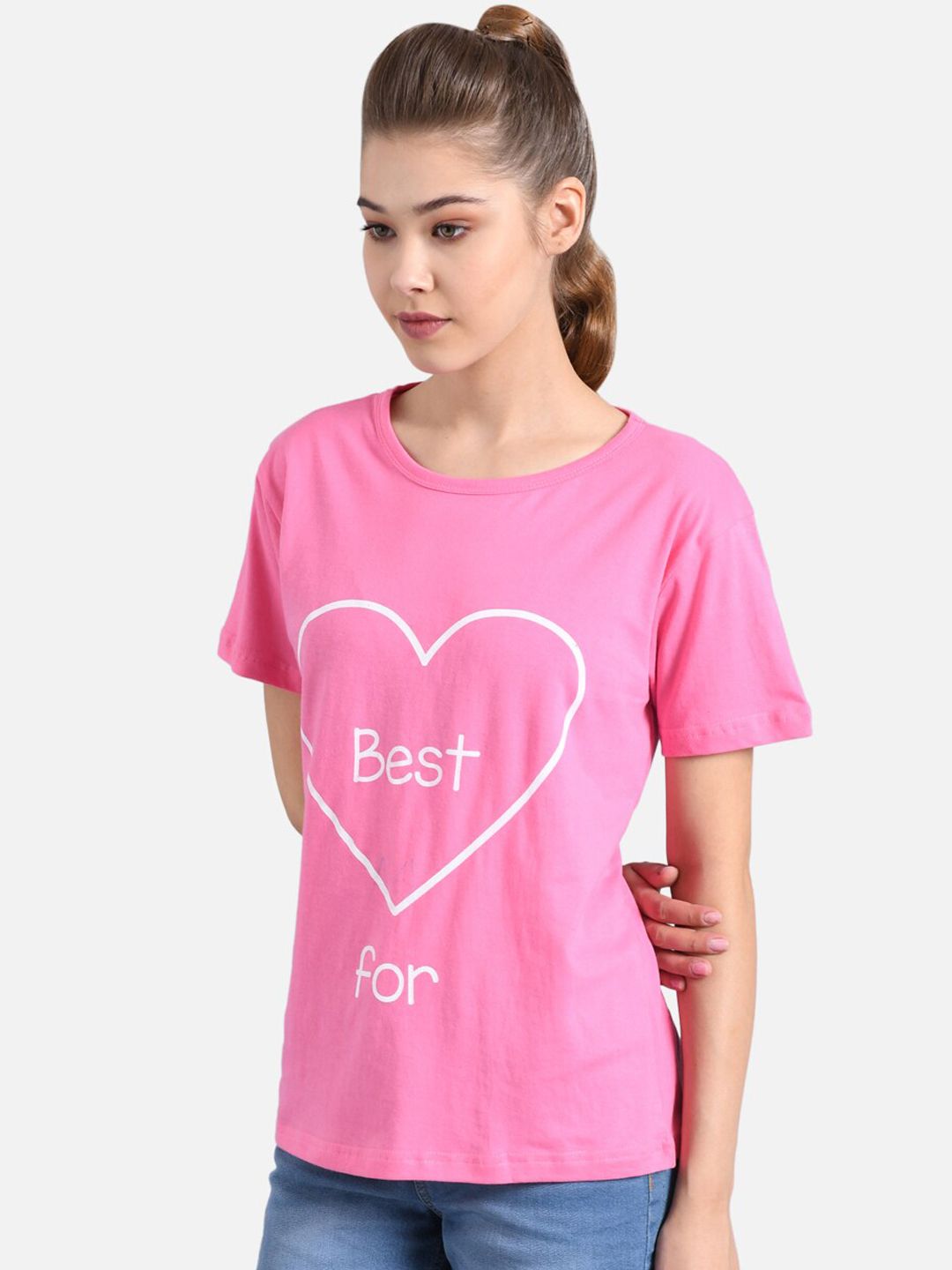Kotty Women Pink & White Printed Round Neck T-shirt