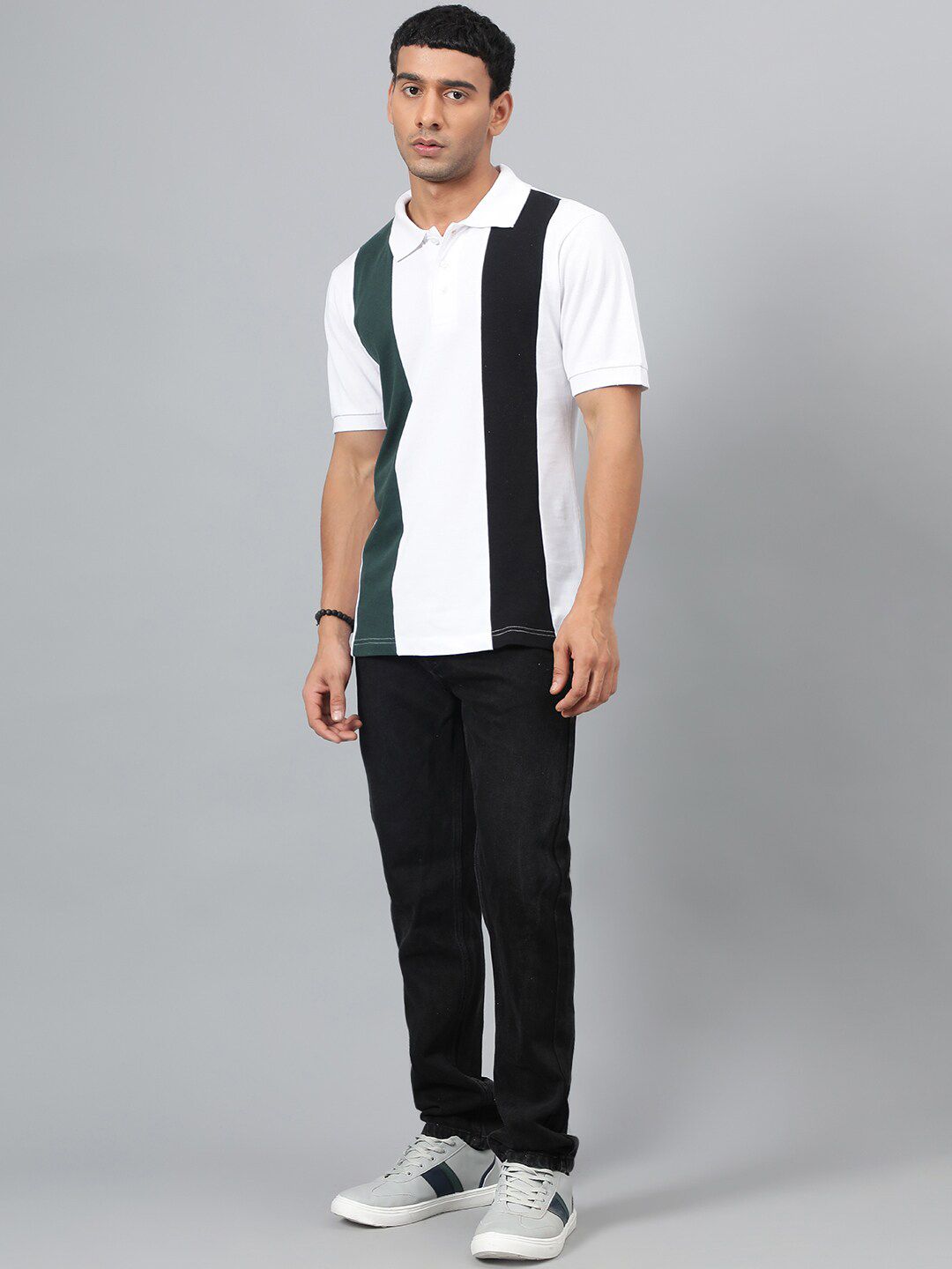 Kotty White & Green Colourblocked Polo Collar Cotton T-shirt