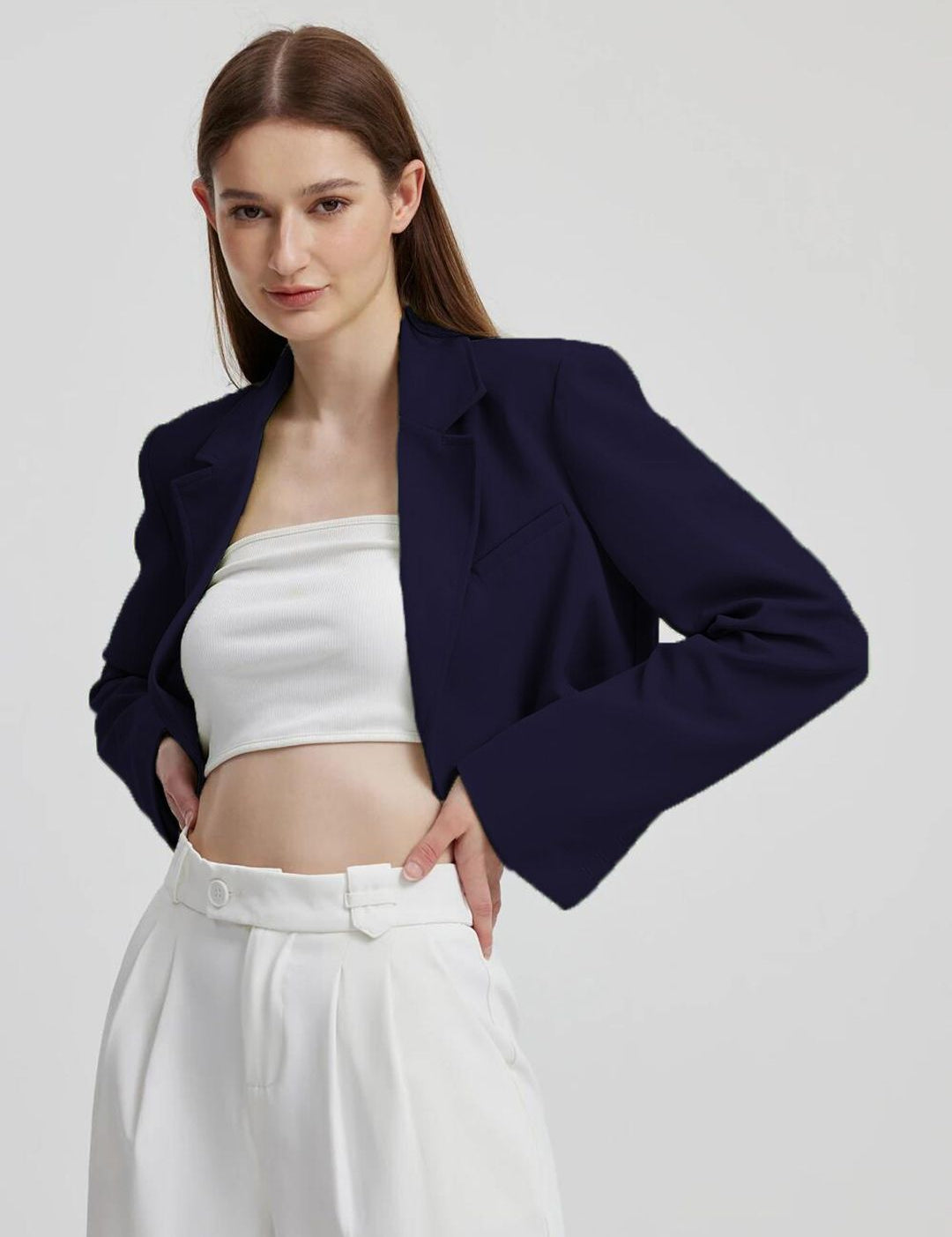 Kotty Navy Blue Crop Notched Lapel Collar Regular Fit Blazer