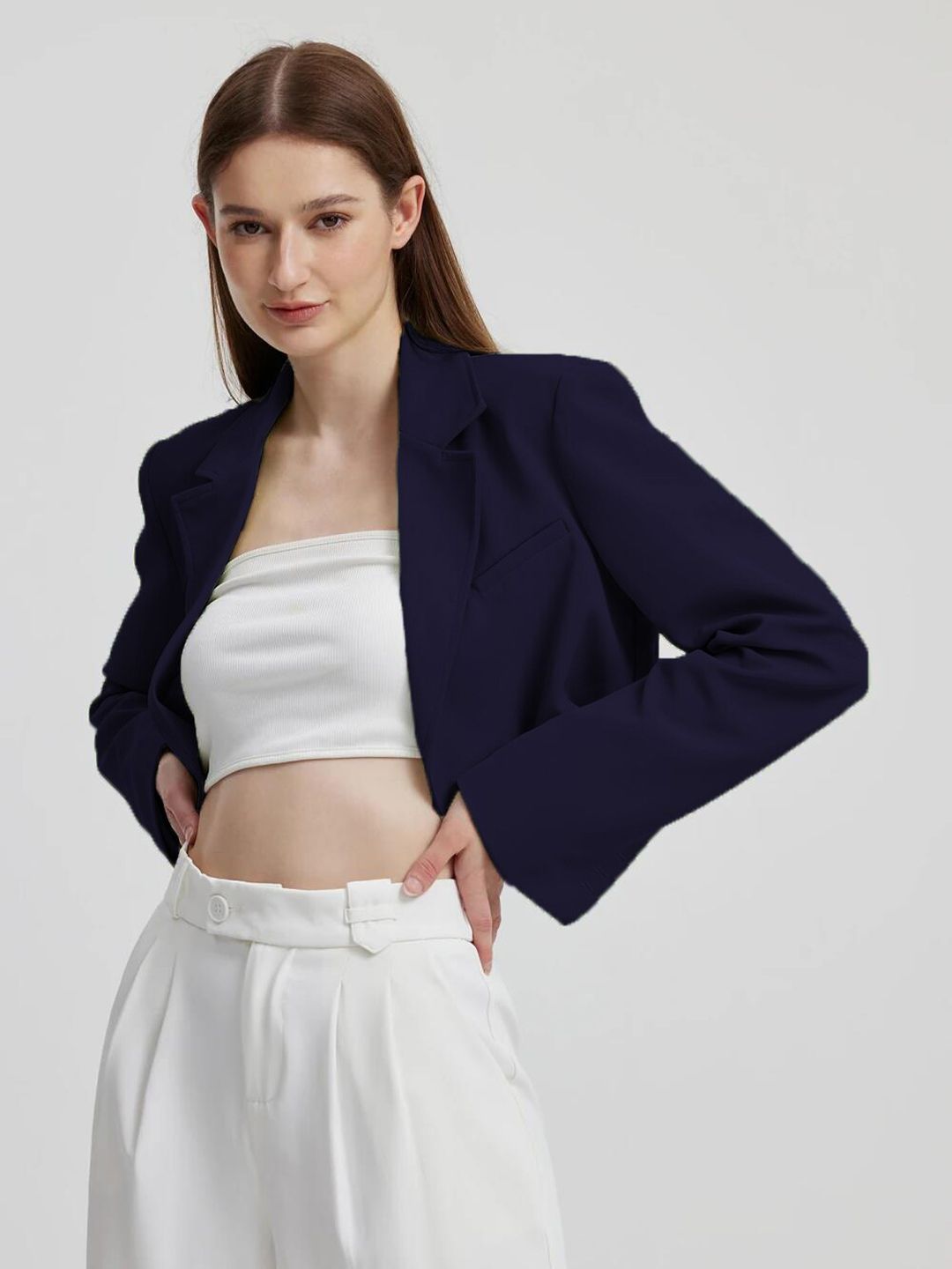 Kotty Navy Blue Crop Notched Lapel Collar Regular Fit Blazer