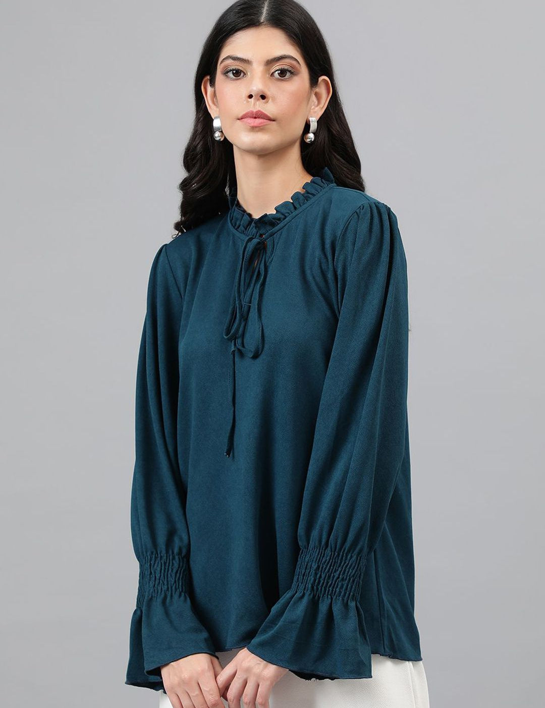 KOTTY BIZwear Tie-Up Neck Bell Sleeve Solid Top
