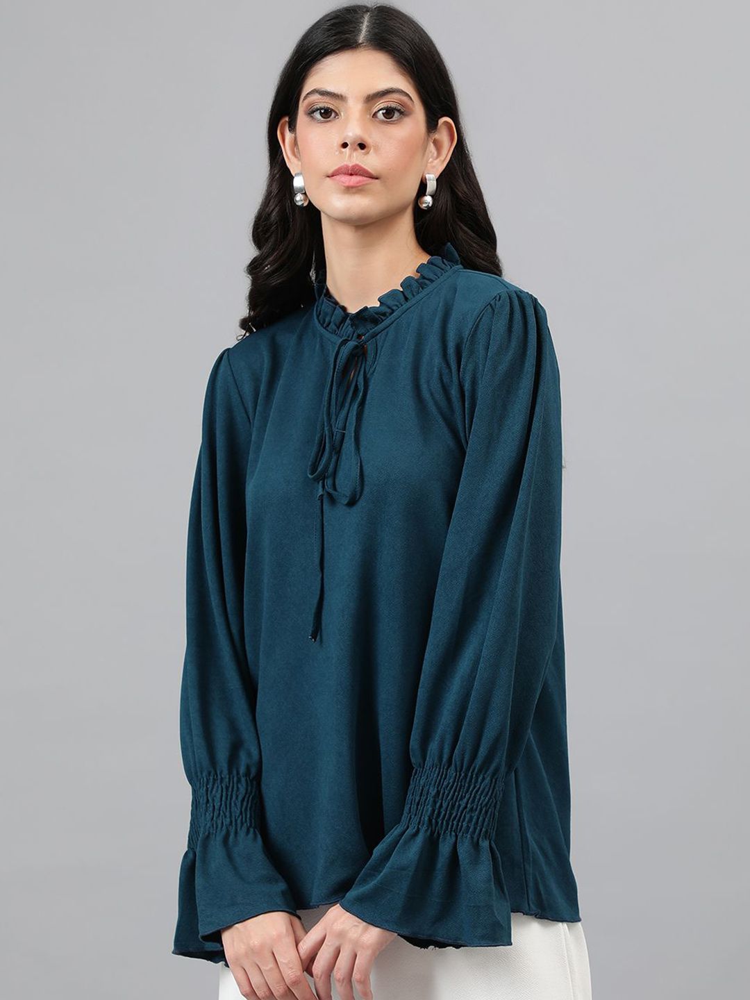KOTTY BIZwear Tie-Up Neck Bell Sleeve Solid Top