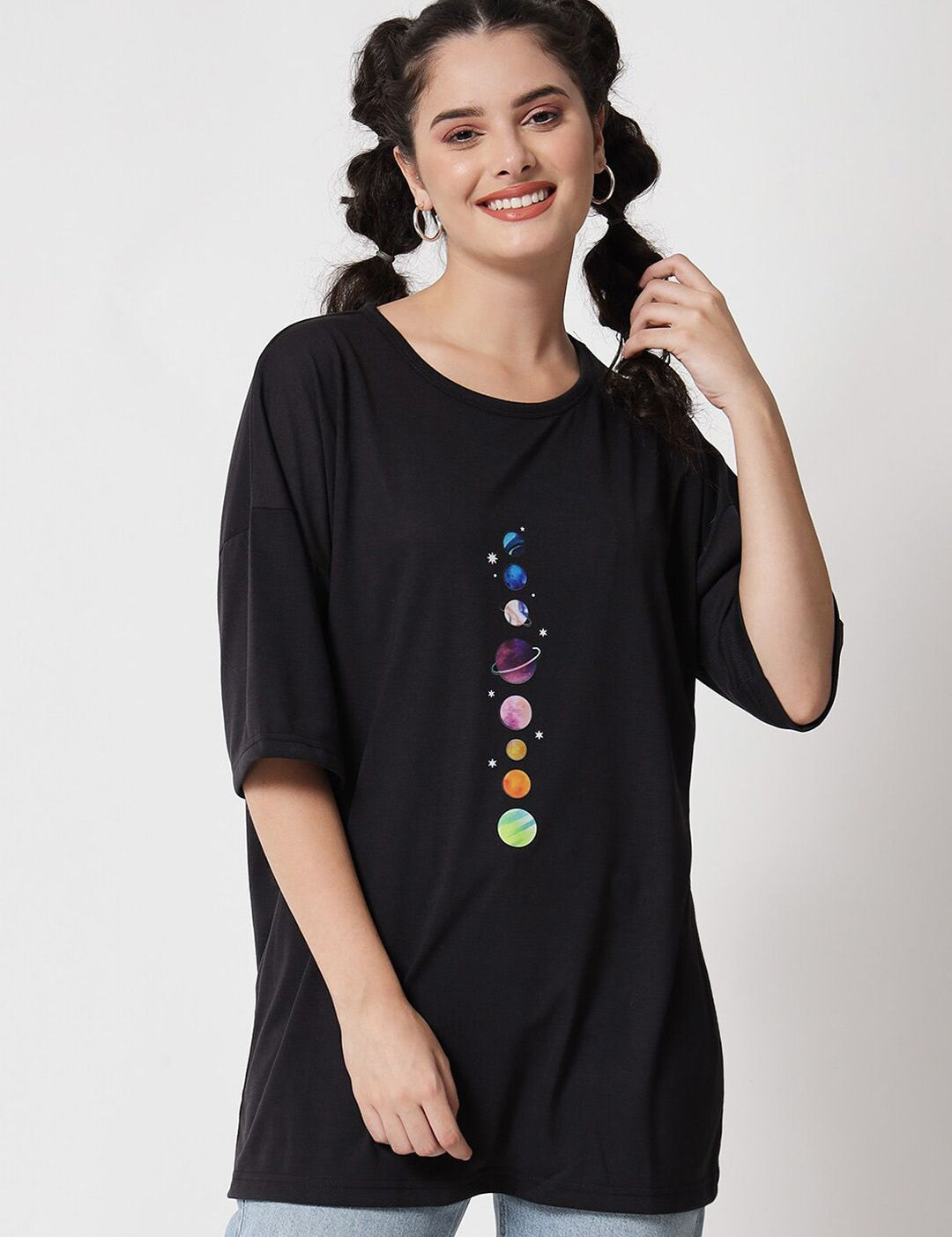 Kotty Women Black Typography Printed Applique Oversized T-shirt