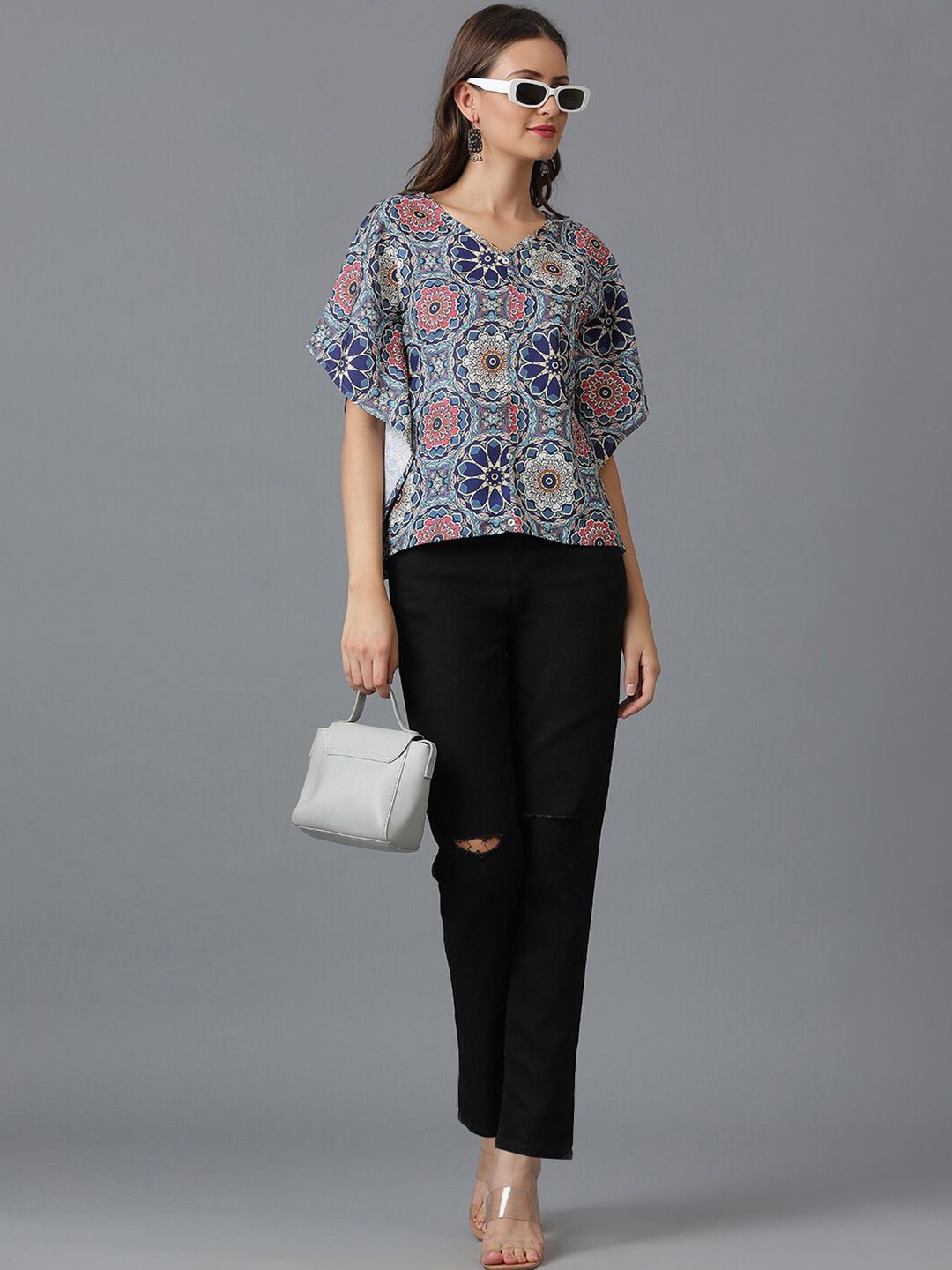 Kotty Blue Floral Printed V-Neck Flared Sleeves Top