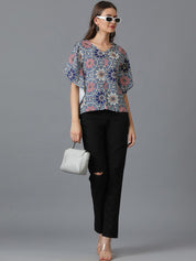 Kotty Blue Floral Printed V-Neck Flared Sleeves Top