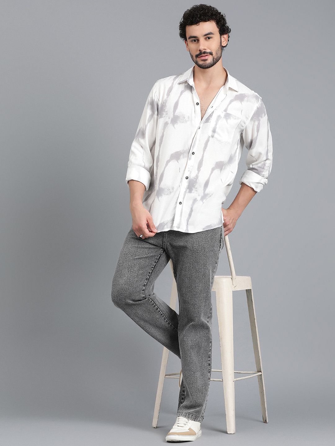 Kotty White & Grey Tie and Dye Spread Collar Relaxed Fit Casual Shirt