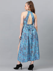 Kotty Blue Floral Printed Round Neck Maxi Dress