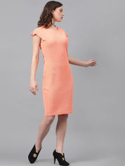 Kotty Orange Self Design Round Neck Extended Sleeves Sheath Dress
