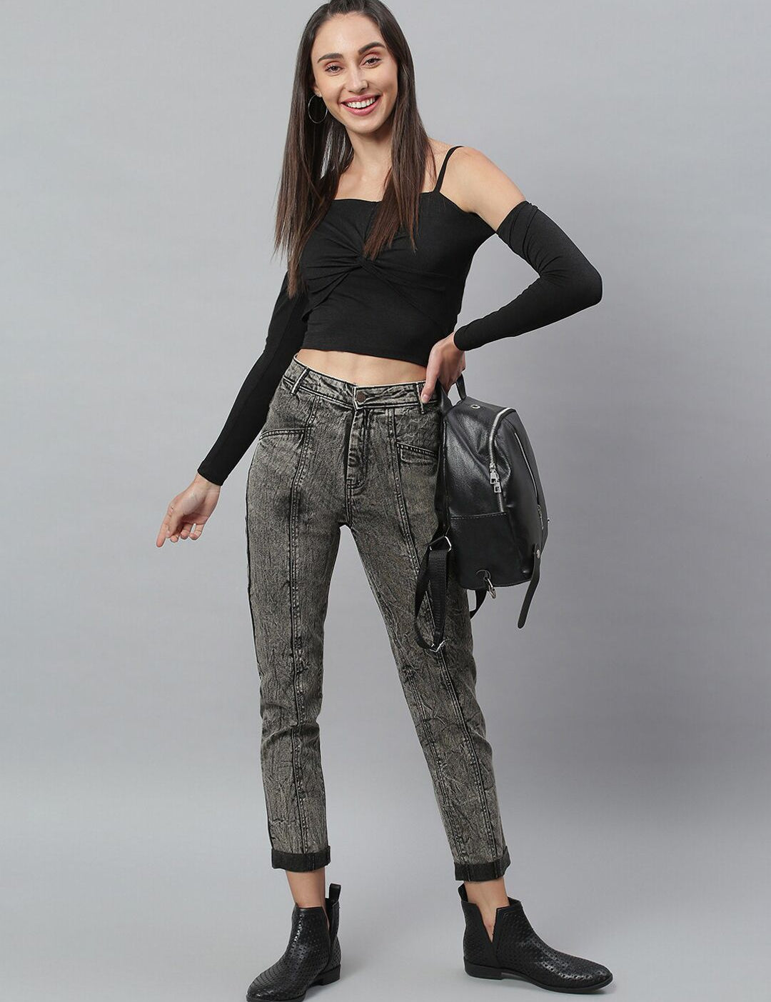 Kotty Women Charcoal Grey Washed Cotton High-Rise Slim Fit Jeans