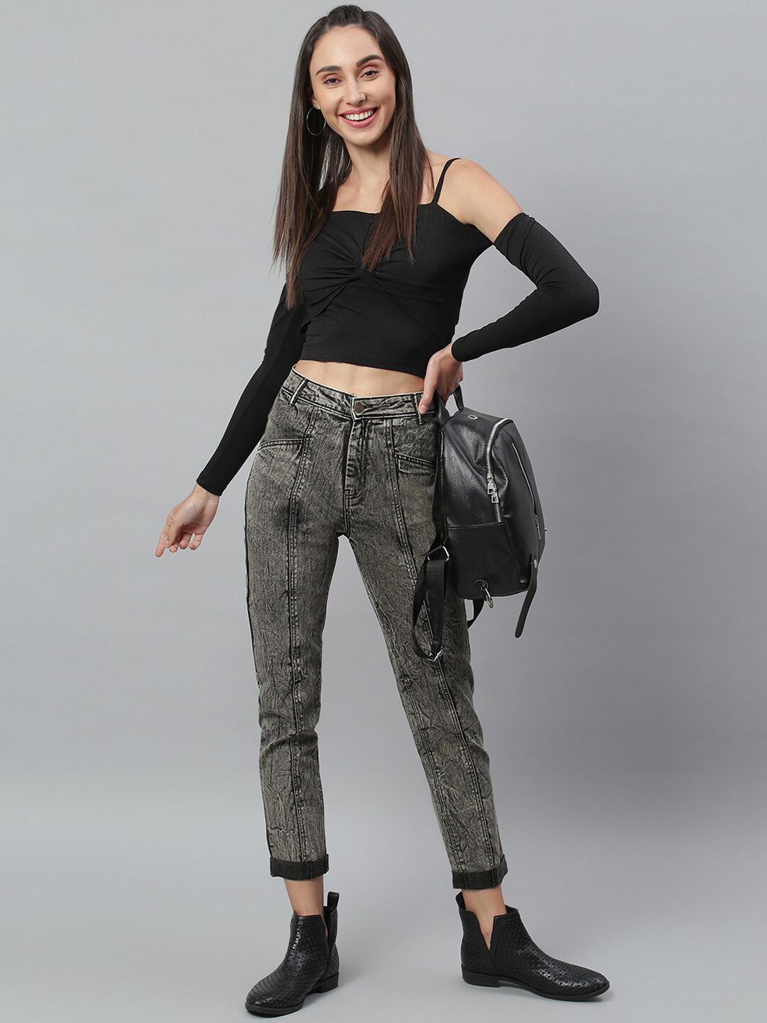 Kotty Women Charcoal Grey Washed Cotton High-Rise Slim Fit Jeans