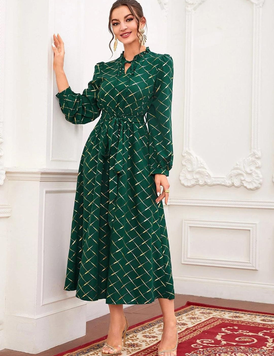Kotty Green Checked Puff Sleeve Fit & Flare Midi Dress